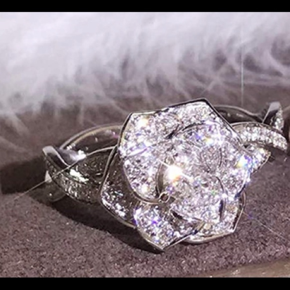 Lab Created Diamond Rose Floral Ring Size 8 18K GP